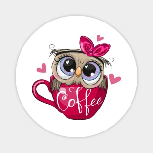 A cute owl sits in a cup with the inscription coffee. Magnet